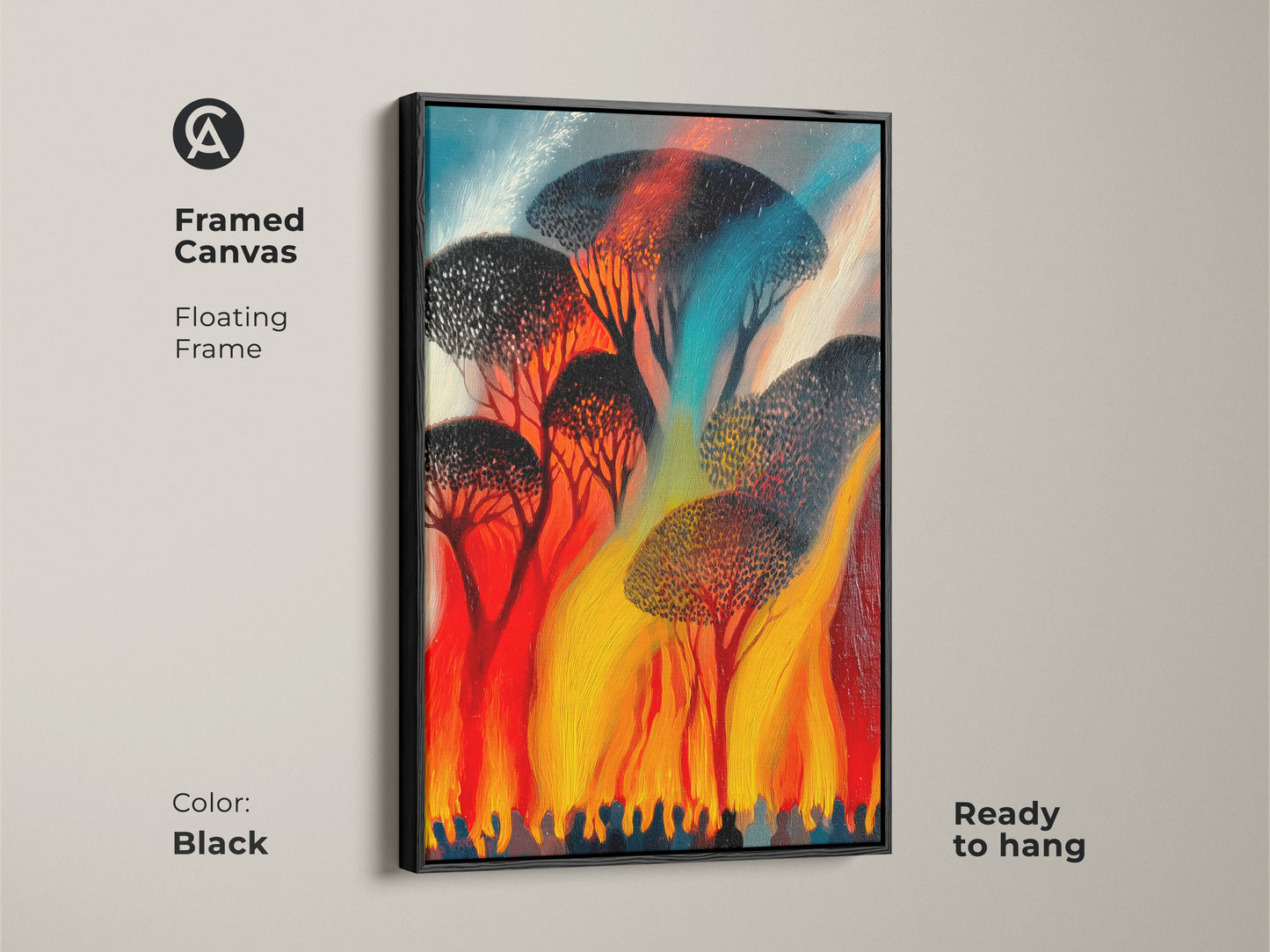 Framed canvas with floating frame of flame inspired abstract trees. Red orange yellow art ready to hang. Black frame enhances this expressive nature canvas for living rooms.