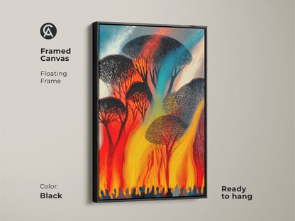 Framed canvas with floating frame of flame inspired abstract trees. Red orange yellow art ready to hang. Black frame enhances this expressive nature canvas for living rooms.