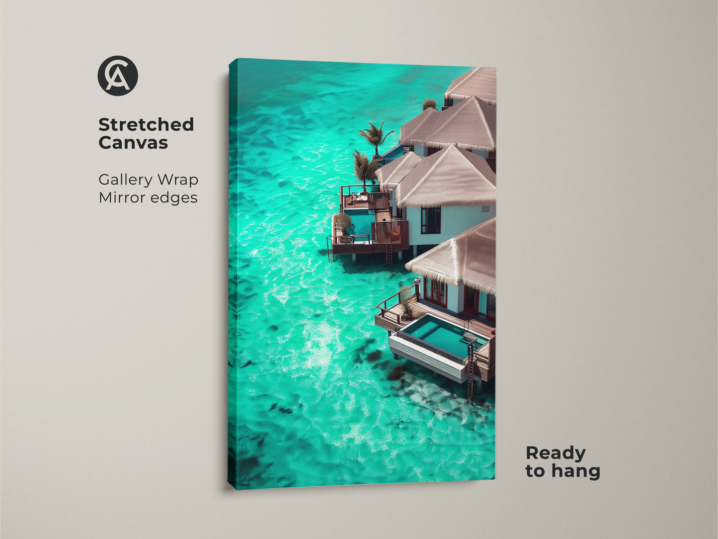 Stretched Canvas Maldives overwater bungalow art. This turquoise ocean canvas print is coastal tropical wall art. This beach house paradise decor is the perfect bungalow travel artwork. This luxury villa ocean view is ideal tropical paradise home decor. Ready to hang gallery wrapped artwork