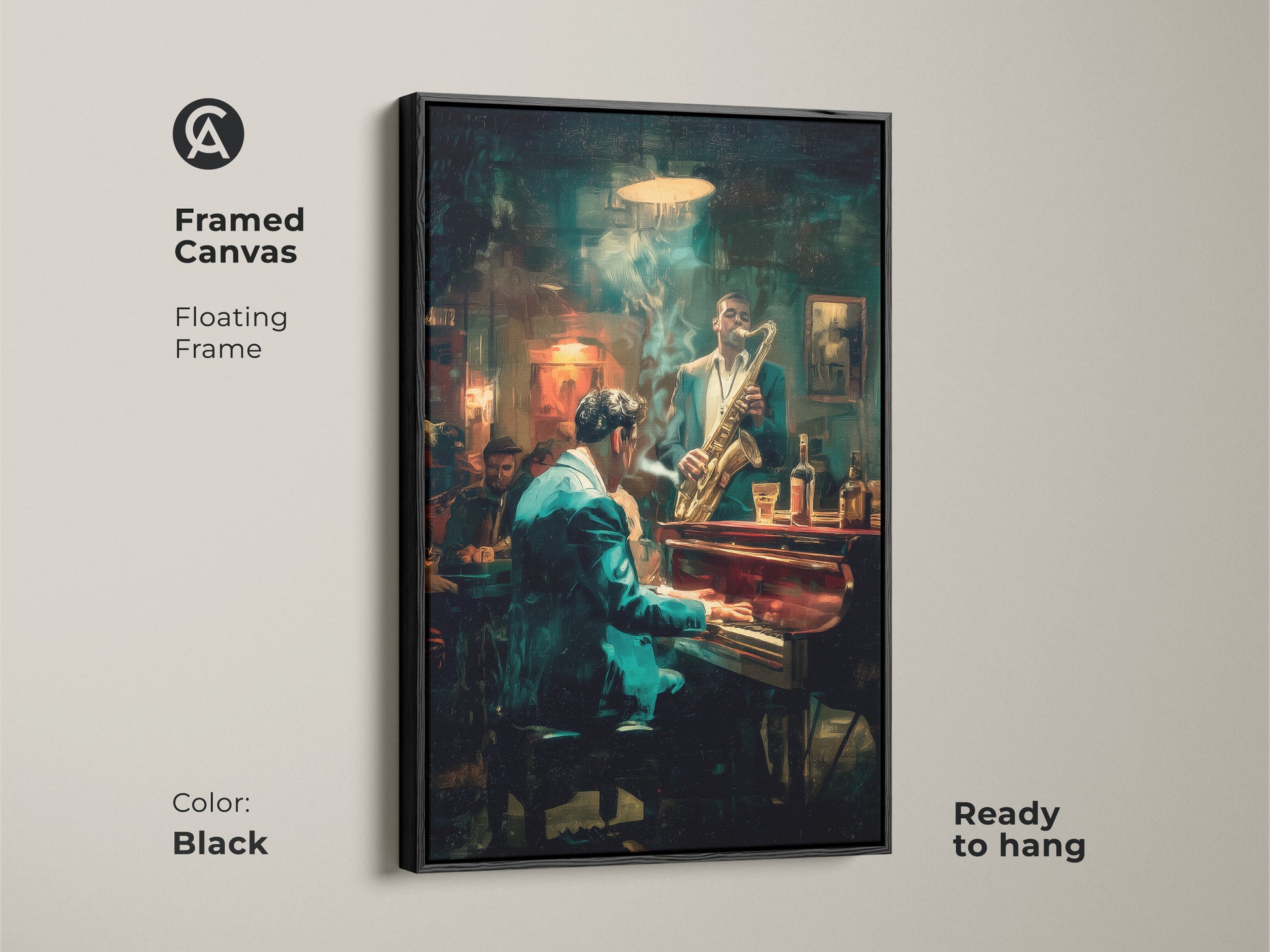Enhance your decor with this framed canvas artwork. The black floating frame highlights the jazz scene featuring a pianist and saxophonist. This piece is ready to hang and brings a sophisticated musical vibe. Ideal for adding rhythm and style to your space.