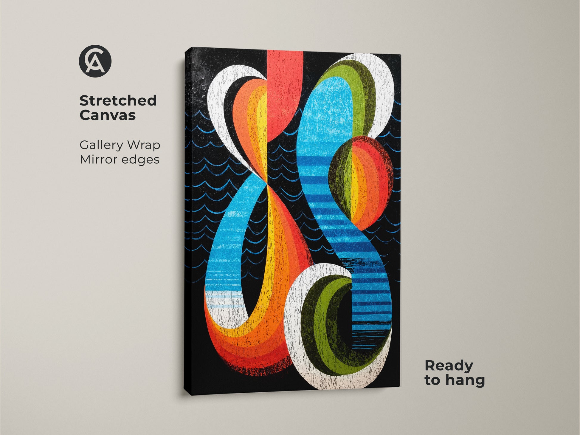 Close-up of a stretched canvas featuring gallery wrapped mirror edges. Showcasing a retro abstract art print with geometric shapes. The modern home art print has orange blue red canvas. The artwork is ready to hang adding colorful vintage style to any space. A bold artistic wall hanging.