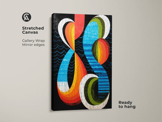 Close-up of a stretched canvas featuring gallery wrapped mirror edges. Showcasing a retro abstract art print with geometric shapes. The modern home art print has orange blue red canvas. The artwork is ready to hang adding colorful vintage style to any space. A bold artistic wall hanging.