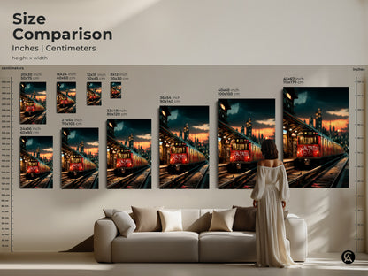 Size comparison of cityscape graffiti artwork. Various sizes in inches and centimeters are displayed. See how the art fits above a sofa. This urban art transforms your living space. This industrial decor makes a great travel enthusiast gift.