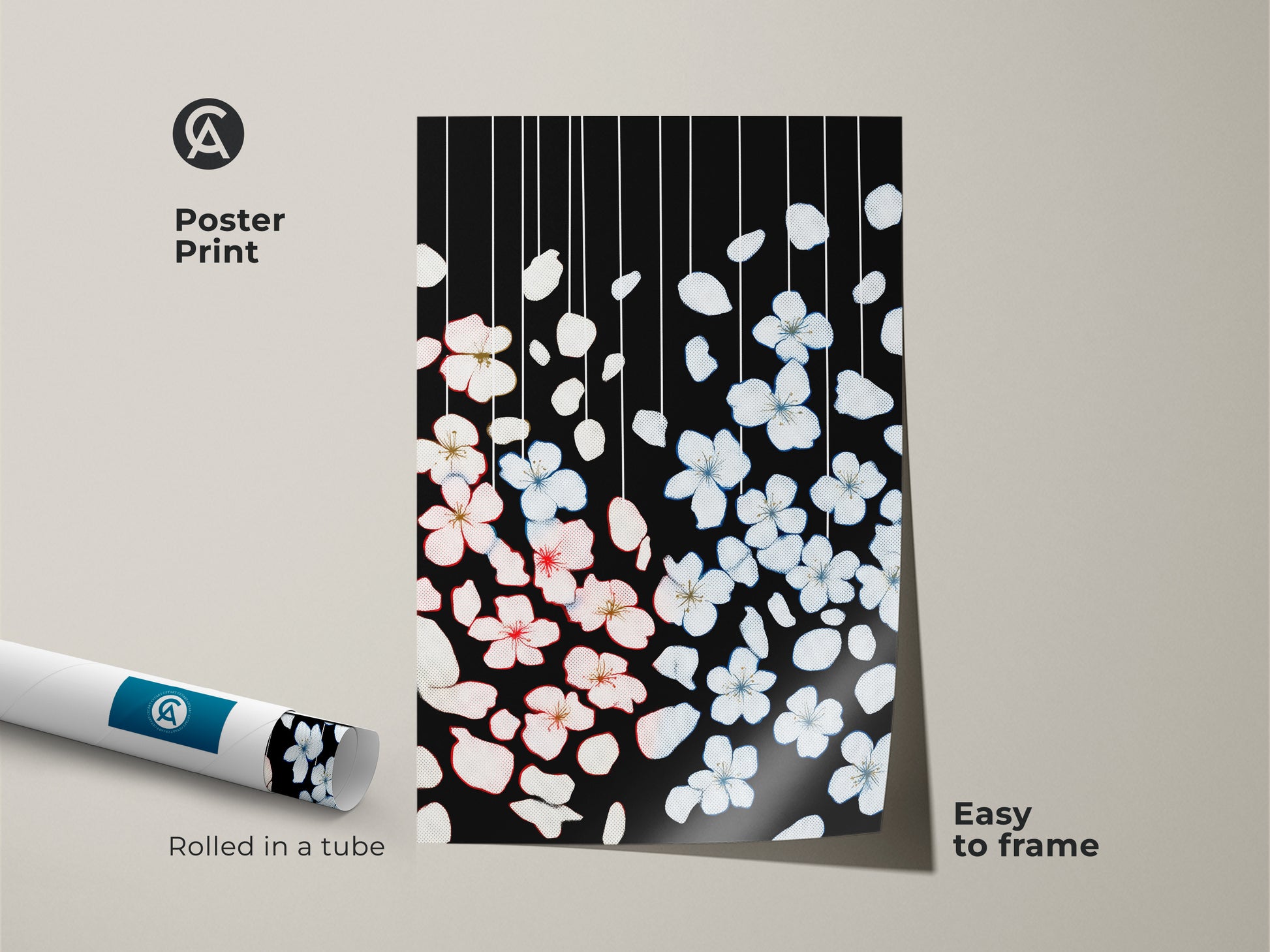 Minimalist floral wall art features delicate cherry blossoms on a poster print. The black botanical artwork showcases pink and white petals creating a serene aesthetic. Easy to frame this Scandinavian home decor complements modern interiors. Rolled in a tube the art is perfect for plant lovers.