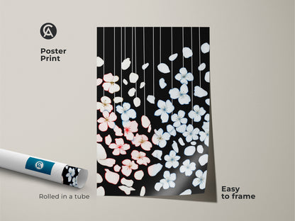 Minimalist floral wall art features delicate cherry blossoms on a poster print. The black botanical artwork showcases pink and white petals creating a serene aesthetic. Easy to frame this Scandinavian home decor complements modern interiors. Rolled in a tube the art is perfect for plant lovers.