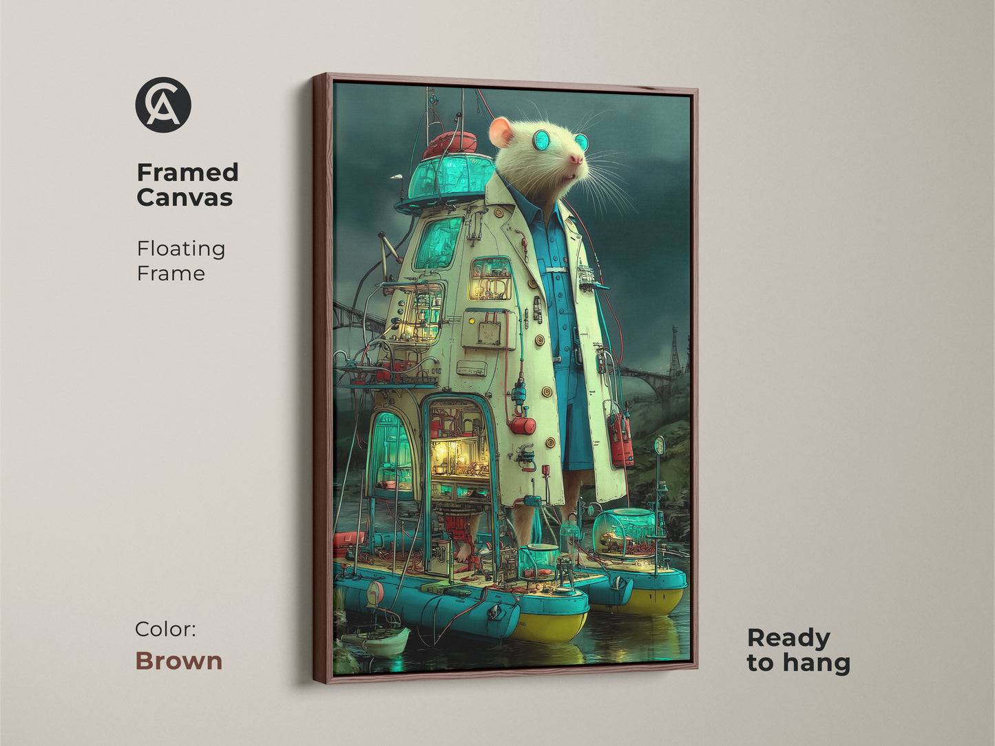 Framed canvas of a steampunk rat scientist. The surreal laboratory wall art is an eclectic animal canvas print. The floating frame is brown. A unique gift for gadget lovers and engineers.