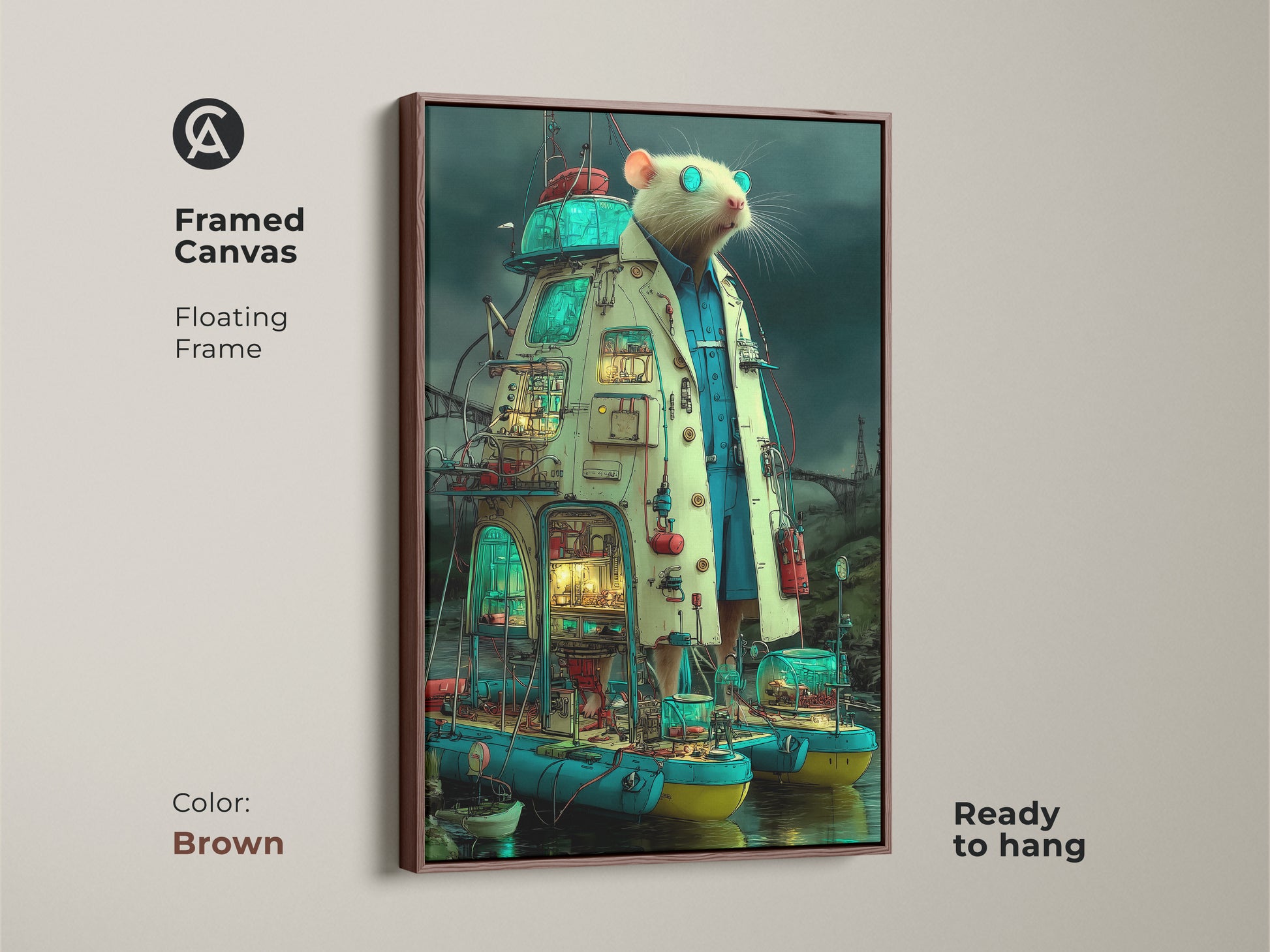 Framed canvas of a steampunk rat scientist. The surreal laboratory wall art is an eclectic animal canvas print. The floating frame is brown. A unique gift for gadget lovers and engineers.