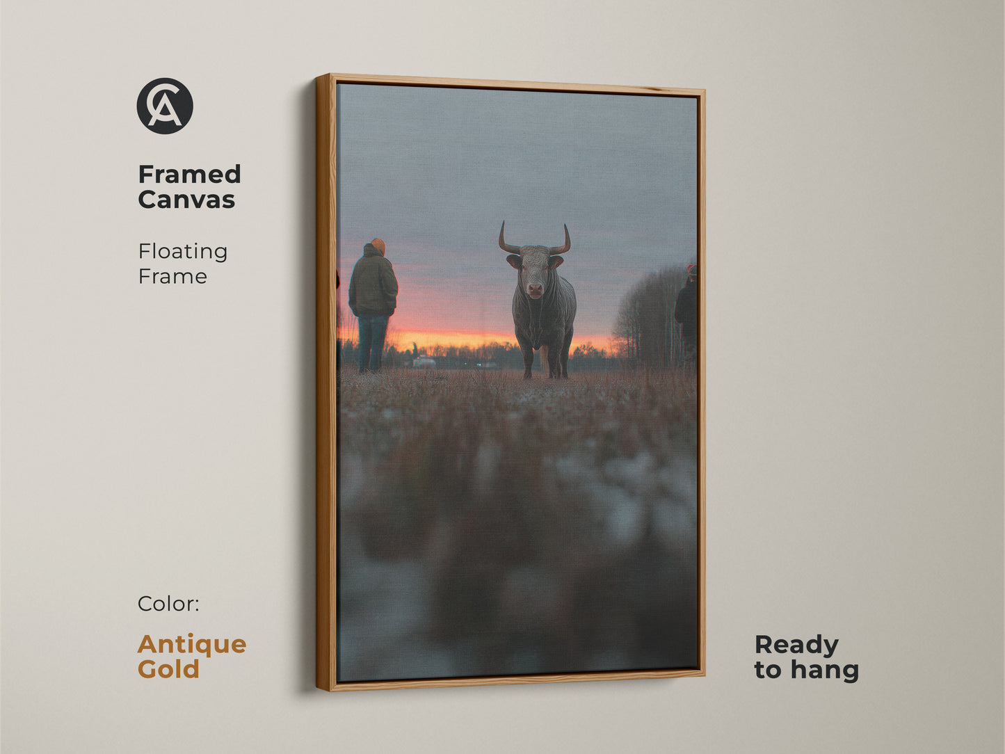 Framed canvas artwork of a bull at sunset with a floating antique gold frame. This ready-to-hang piece is ideal for farmhouse wall decor. The rustic animal art enhances any bedroom. This orange red gray art is a perfect gift for farm lovers. The gold frame adds a elegant touch