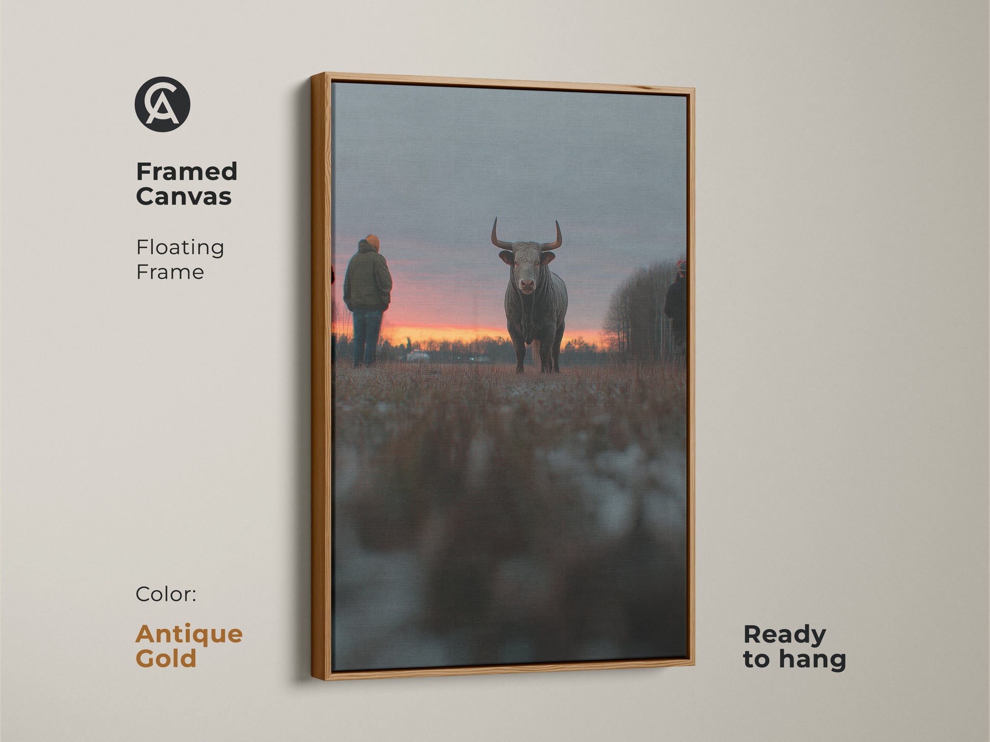 Framed canvas artwork of a bull at sunset with a floating antique gold frame. This ready-to-hang piece is ideal for farmhouse wall decor. The rustic animal art enhances any bedroom. This orange red gray art is a perfect gift for farm lovers. The gold frame adds a elegant touch