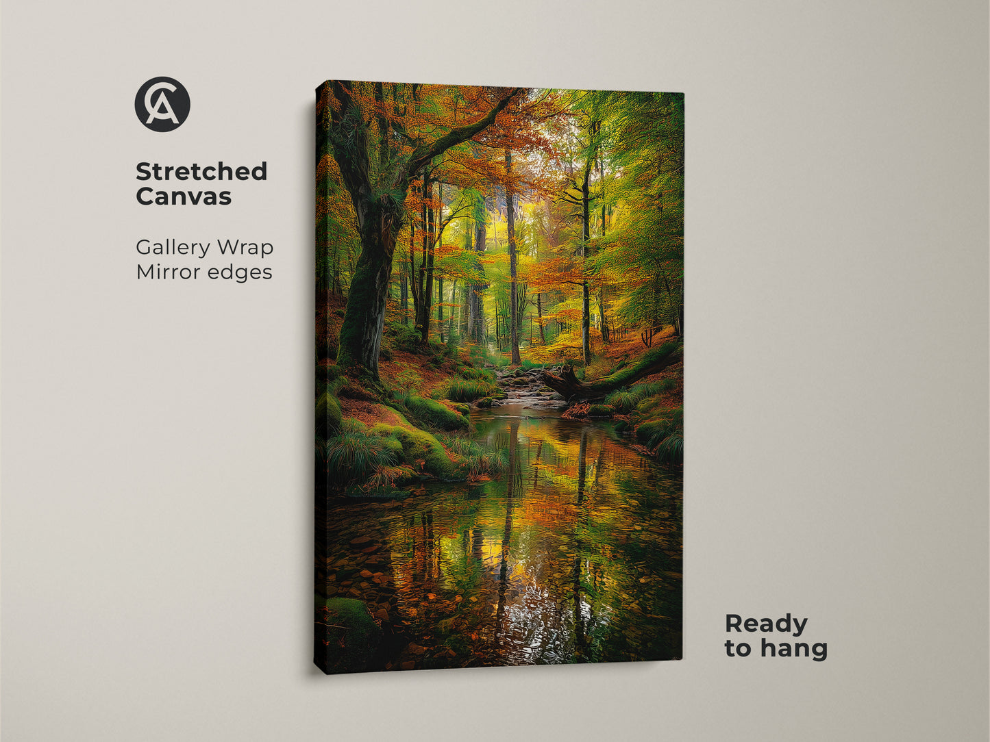 Stretched canvas art capturing an enchanting forest stream scene. The gallery wrap and mirror edges create a modern frameless look. This ready-to-hang artwork brings nature indoors. The fall colors and tranquil water offer a calming ambiance. A beautiful addition to any room.
