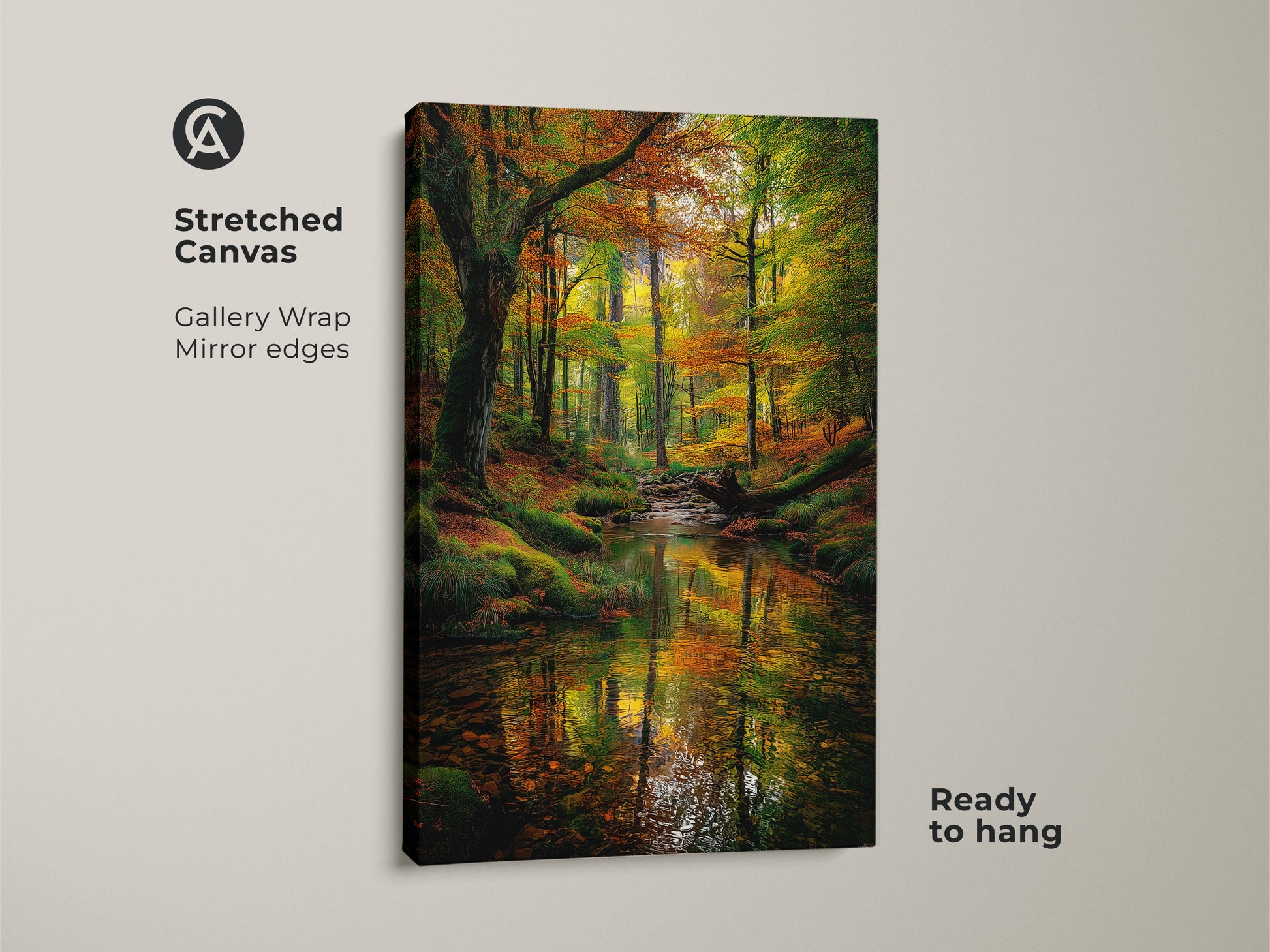Stretched canvas art capturing an enchanting forest stream scene. The gallery wrap and mirror edges create a modern frameless look. This ready-to-hang artwork brings nature indoors. The fall colors and tranquil water offer a calming ambiance. A beautiful addition to any room.