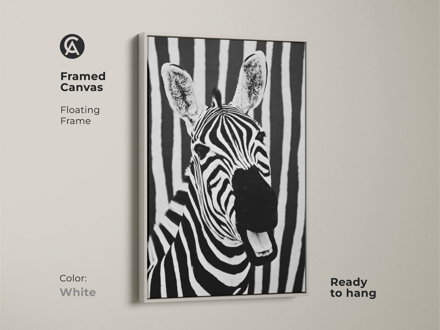 White framed canvas showcasing zebra art. This floating frame accents the black and white zebra against a striped background. Ready to hang this modern animal print brings minimalist wildlife decor to your home. A unique piece for any room.