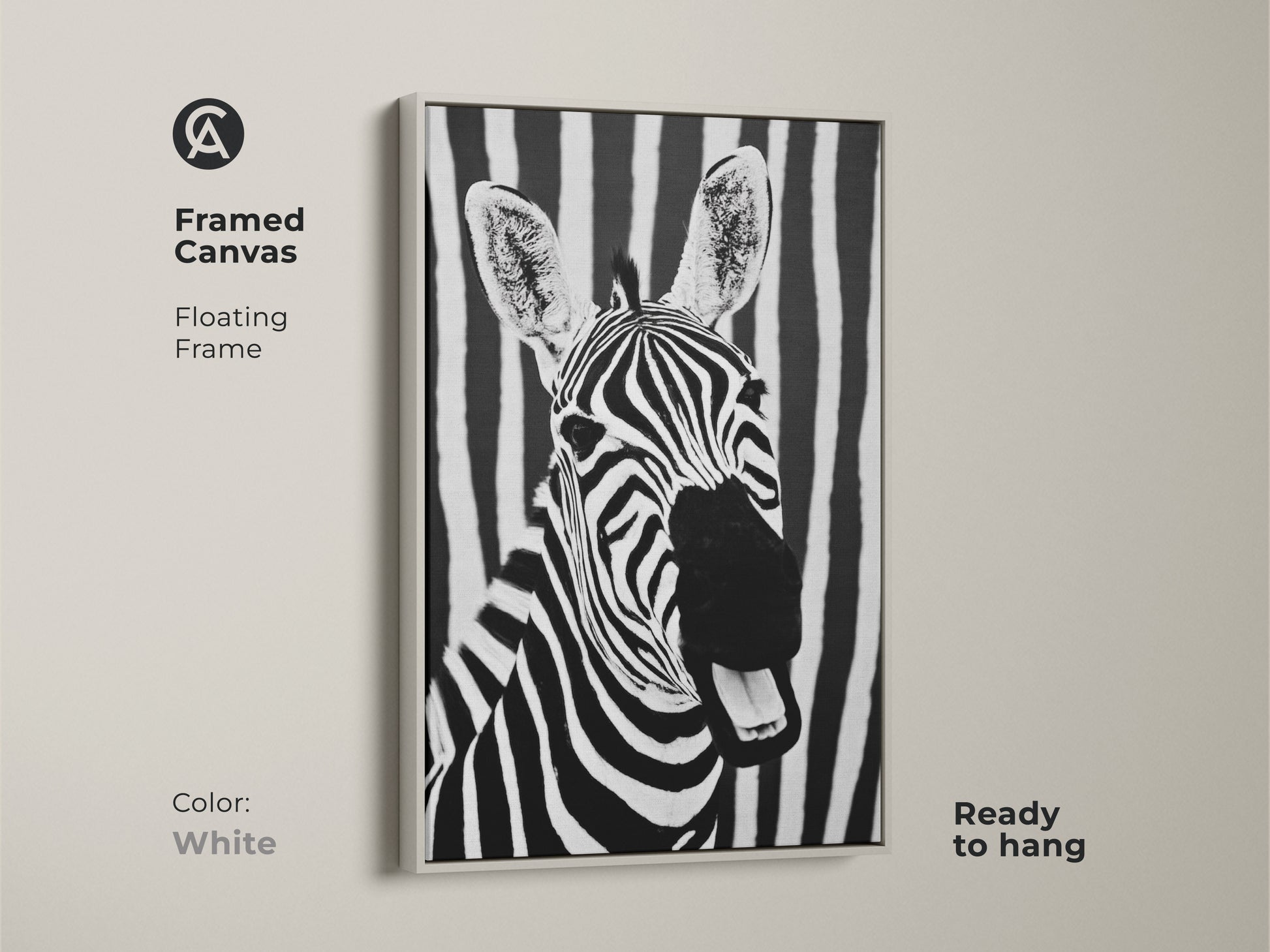 White framed canvas showcasing zebra art. This floating frame accents the black and white zebra against a striped background. Ready to hang this modern animal print brings minimalist wildlife decor to your home. A unique piece for any room.