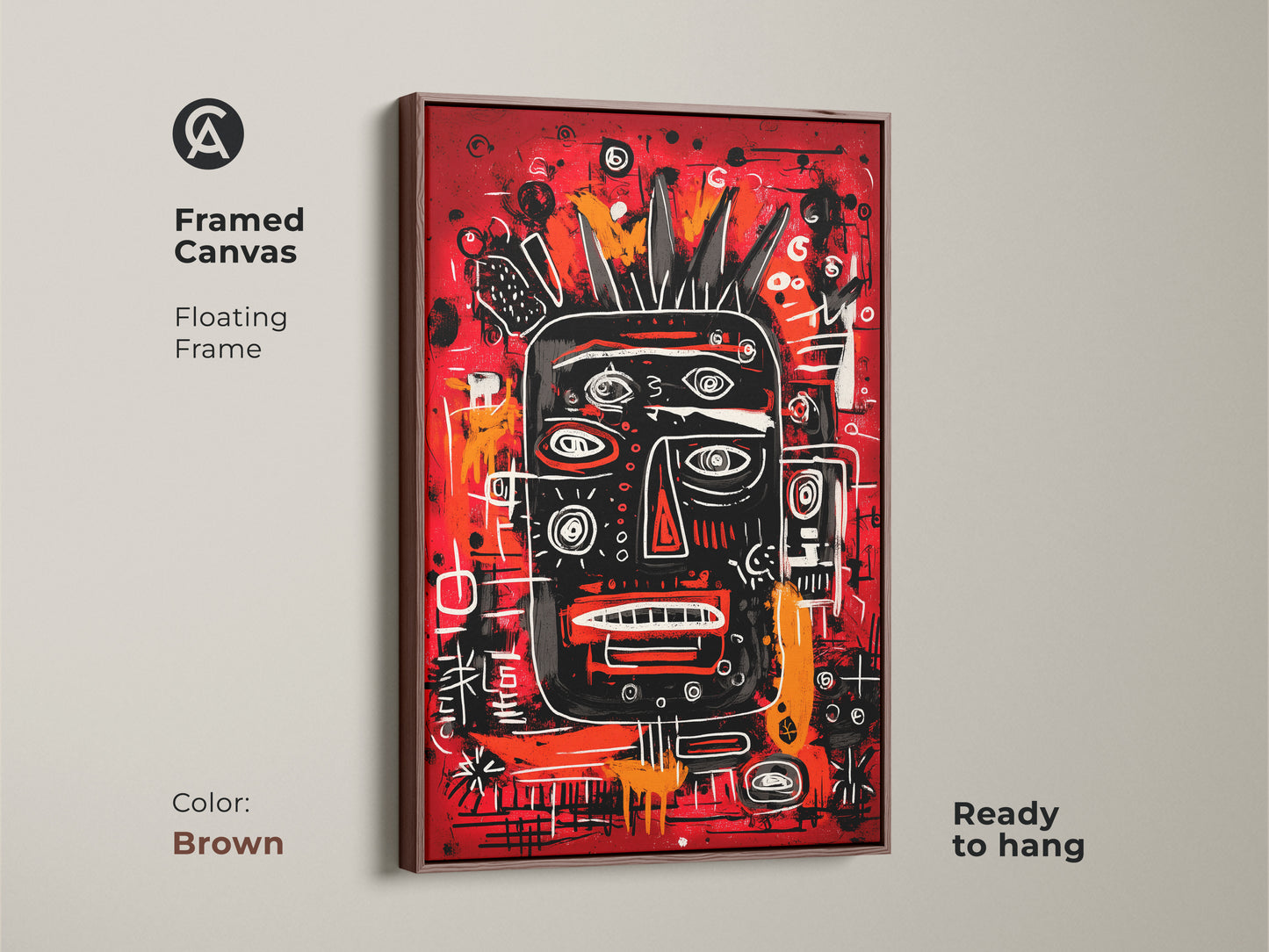 Framed canvas art with a floating frame in brown. The design features a black face with a crown on a vivid red background. This ready to hang piece adds a sophisticated and modern touch to any room. Perfect for art enthusiasts.