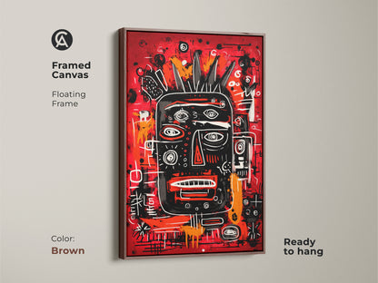 Framed canvas art with a floating frame in brown. The design features a black face with a crown on a vivid red background. This ready to hang piece adds a sophisticated and modern touch to any room. Perfect for art enthusiasts.