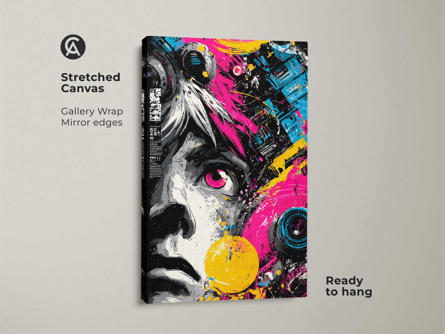 Stretched canvas wall art for a modern look. The gallery wrapped canvas features a colorful abstract portrait. Mirror edges add a refined touch. Transform your home with unique ready to hang artwork. The pink and yellow accents pop.