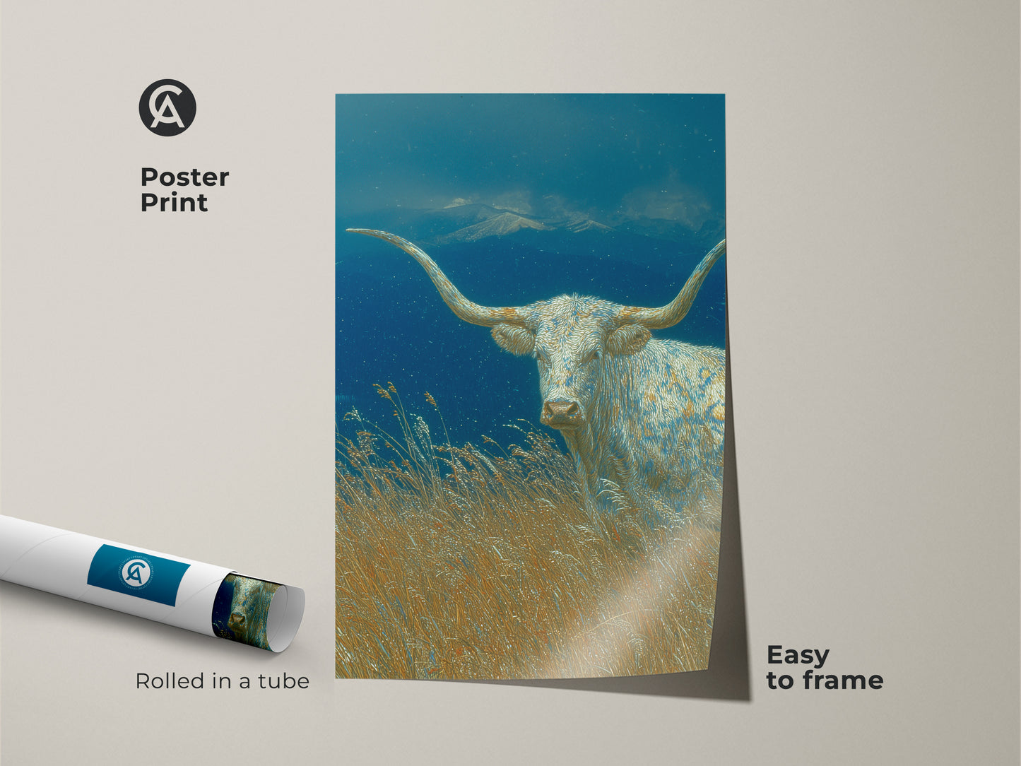 This poster print features the captivating White Longhorn art. The artwork depicts a longhorn in a golden field under a blue sky. This museum-quality paper ensures lasting beauty. It is easy to frame and perfect for any art lover's collection.