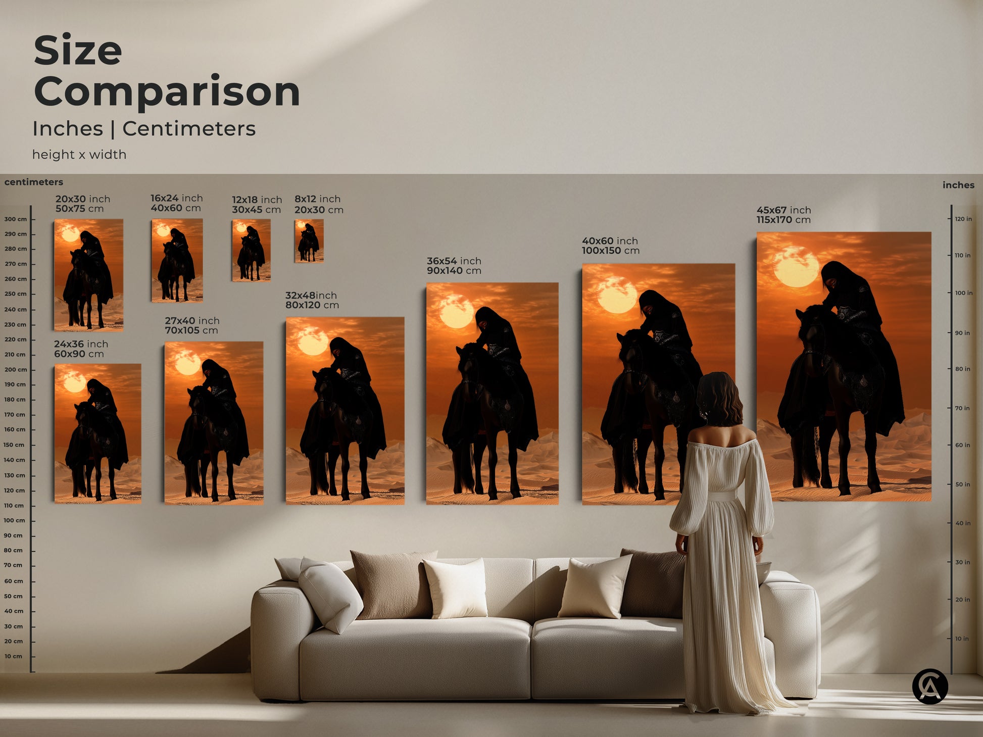 Compare sizes of canvas and poster prints with our size comparison chart. It features a Desert Rider on an Arabian Horse against a warm desert sunset. This equestrian gift idea is a perfect addition to any space. The sizes are listed in inches and centimeters.