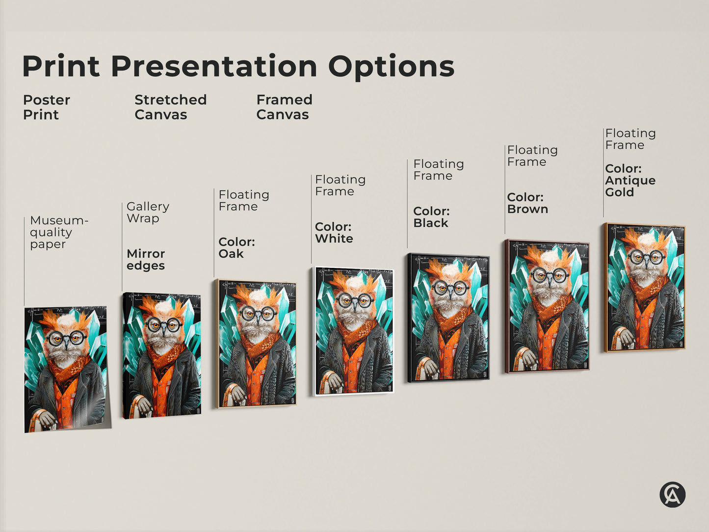 Explore print presentation options with this artwork. Choose from poster print or stretched canvas. Consider a framed canvas with floating frame options. The professor owl artwork with crystal elements is suitable for study room wall decor. It is available in black brown antique gold and white frames.
