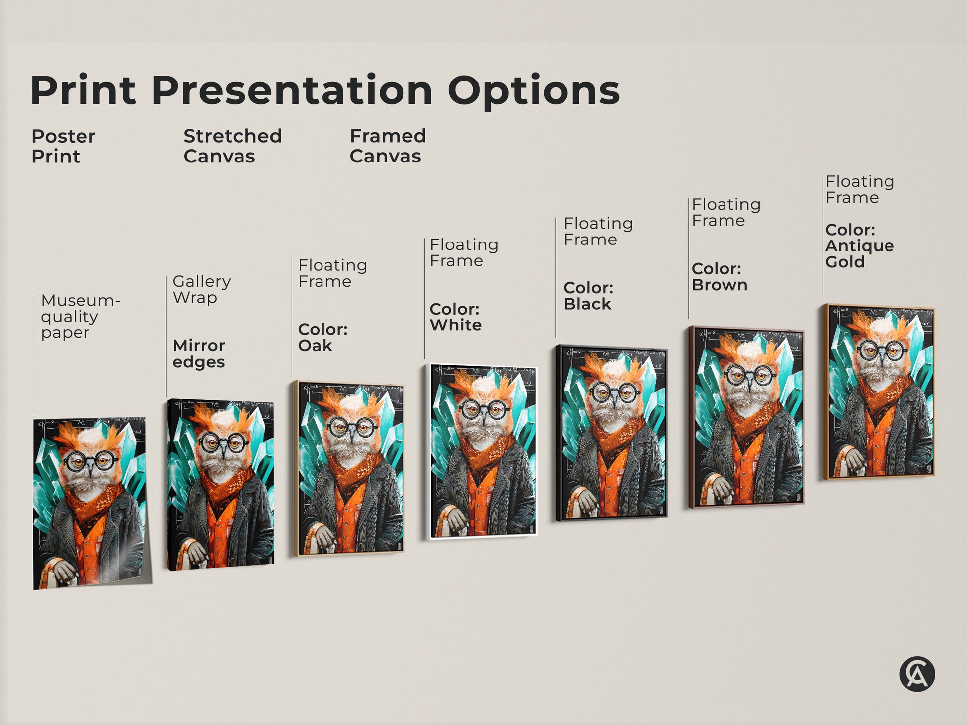 Explore print presentation options with this artwork. Choose from poster print or stretched canvas. Consider a framed canvas with floating frame options. The professor owl artwork with crystal elements is suitable for study room wall decor. It is available in black brown antique gold and white frames.