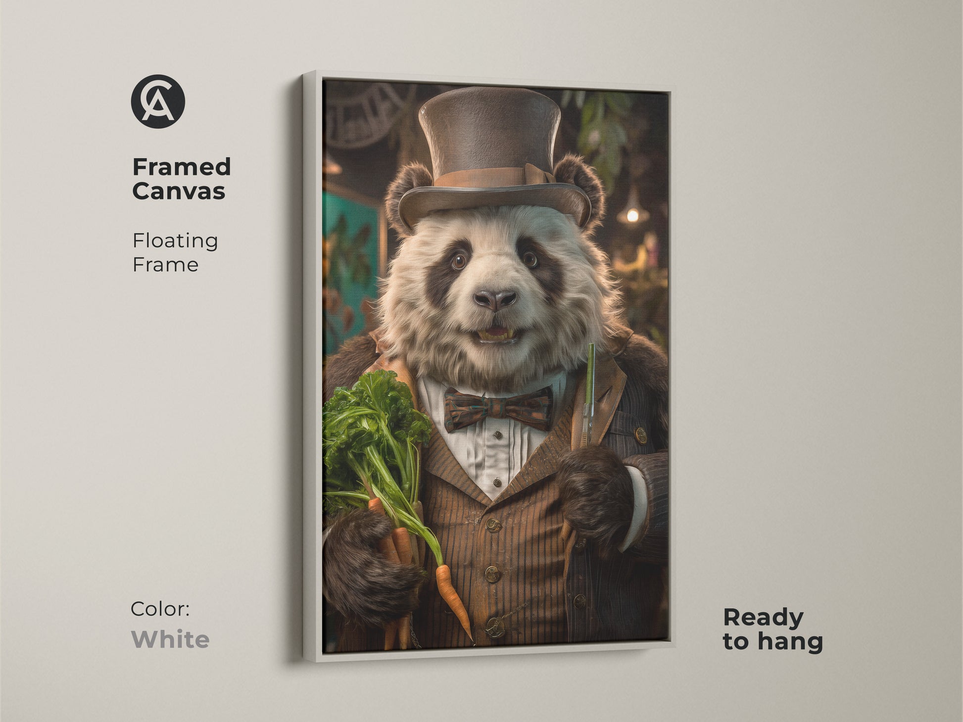 Framed canvas displays dapper panda artwork with a white floating frame. The rustic wildlife print is ready to hang. Its warm ochre and golden brown tones make it a cute animal wall decor.