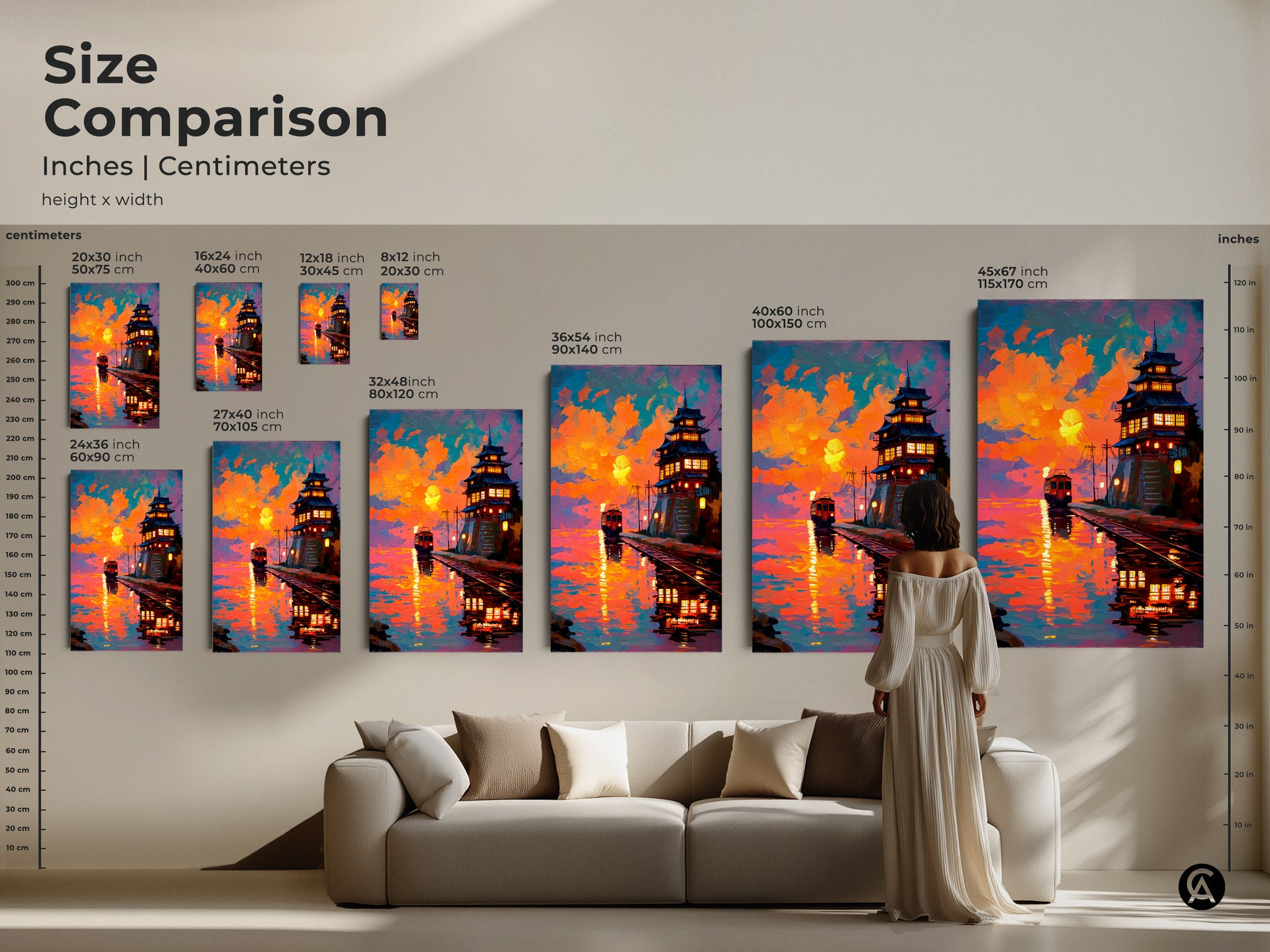 Size comparison showcasing the sunset Japanese pagoda and train artwork in various dimensions. This canvas and poster art makes a statement in any room. The orange yellow and teal artwork is a unique travel gift for eclectic home decor.