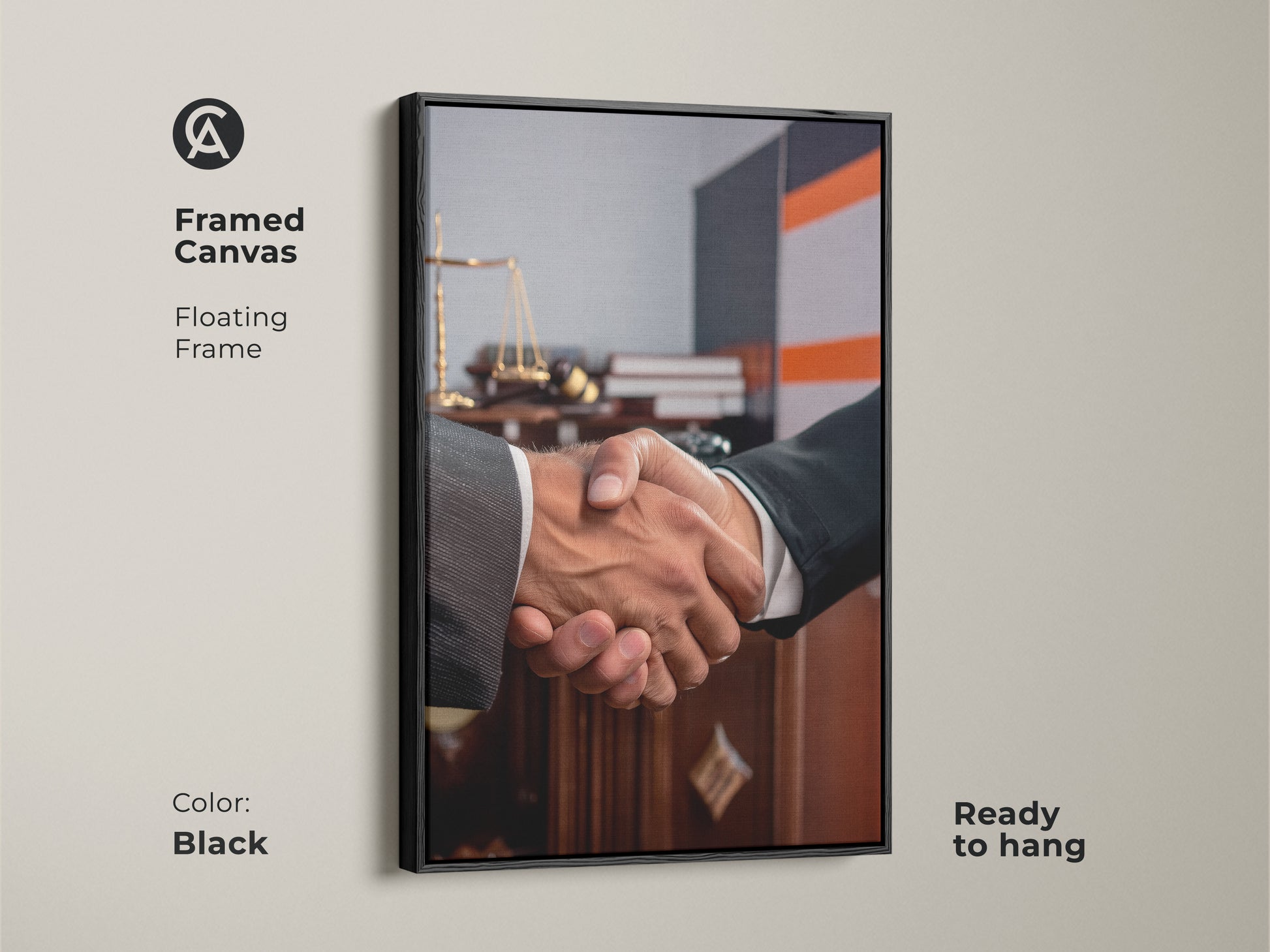 Framed canvas featuring handshake artwork perfect for a lawyer gift. Floating in a black frame it showcases scales of justice. Ready to hang this contemporary office art symbolizes a business agreement. Ideal for legal offices this dark brown and grey art promotes partnership and trust. Elevate your professional space with this sophisticated office decor.