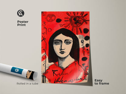 Poster print of a captivating woman's portrait art. The red background and symbolic elements add intrigue. This museum-quality paper print is easy to frame. Rolled in a tube for safe shipping and arrival.