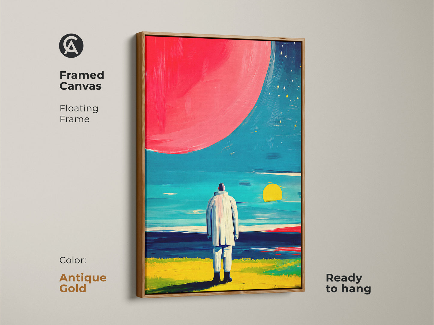 Framed canvas with antique gold floating frame showcasing geometric pattern wall print. The blue orange teal abstract adds a touch of elegance. This modern art print is ready to hang. Perfect for art lover presents.
