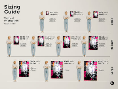 Sizing guide for vertical graffiti artwork. Available in canvas and poster options. Find the perfect fit from small to large sizes. Transform your space with custom-sized art.