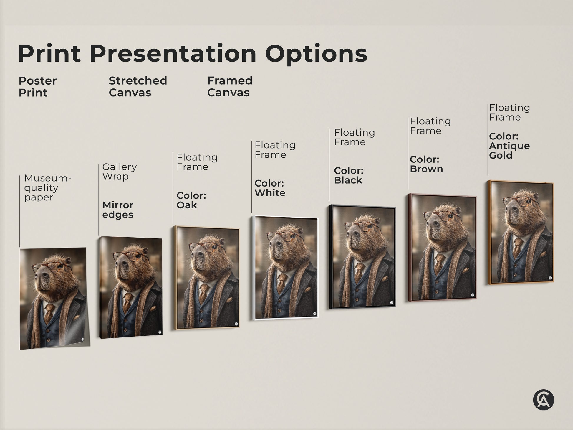 Explore print presentation options featuring the dapper capybara artwork. Choose from poster prints stretched canvas and framed canvas in colors like oak black brown antique gold and white. Each piece features gallery wrap and museum-quality edges.
