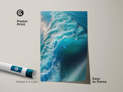 Bring the ocean's energy home. This poster print captures a surfer riding a vibrant blue wave. It is delivered rolled in a tube. This ensures it arrives in perfect condition and is easy to frame. Add a touch of surf culture to any room with this striking ocean artwork.
