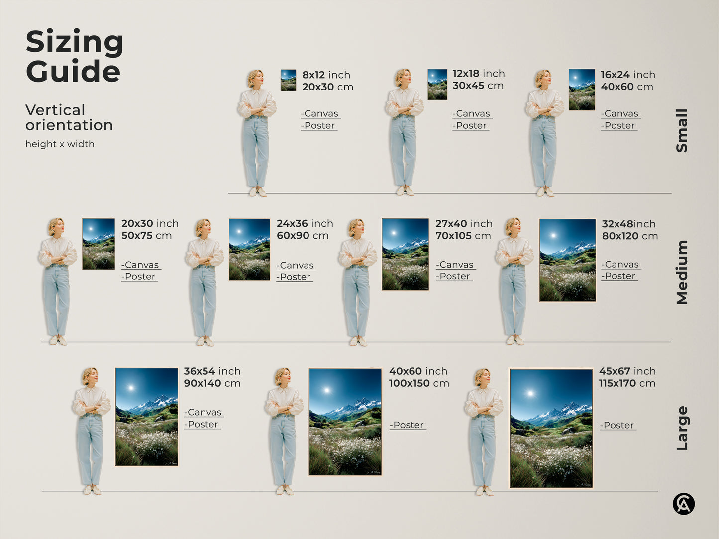 Find the perfect size for your mountain landscape artwork. This sizing guide shows vertical orientation options. Available in small medium and large sizes. Choose canvas or poster prints to fit your space. Transform your home decor today.
