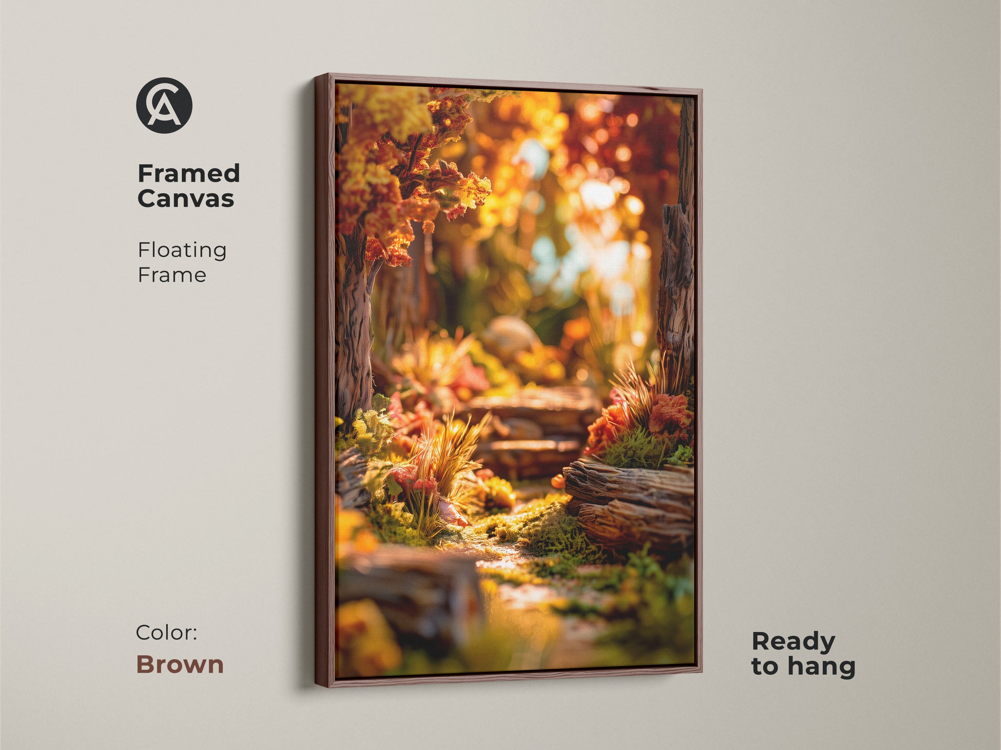 Framed canvas art print with floating frame in brown. Features a sun-drenched forest path. The ready-to-hang artwork adds warmth to your walls. This framed print enhances any room's aesthetic with natural beauty.