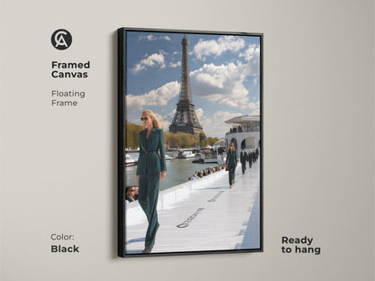 Framed canvas print of a Paris fashion show with a floating black frame. The artwork features models in teal green outfits set against the Eiffel Tower. This contemporary piece is ready to hang adding sophistication to any room. Ideal for those who love fashion and Parisian art.