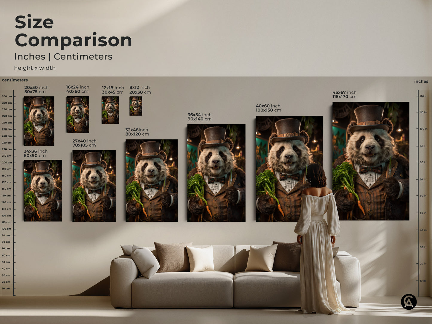 Size comparison showcases dapper panda art in inches and centimeters. Rustic wildlife art prints are displayed above a modern sofa. The top hat bear artwork comes in various sizes for any space.
