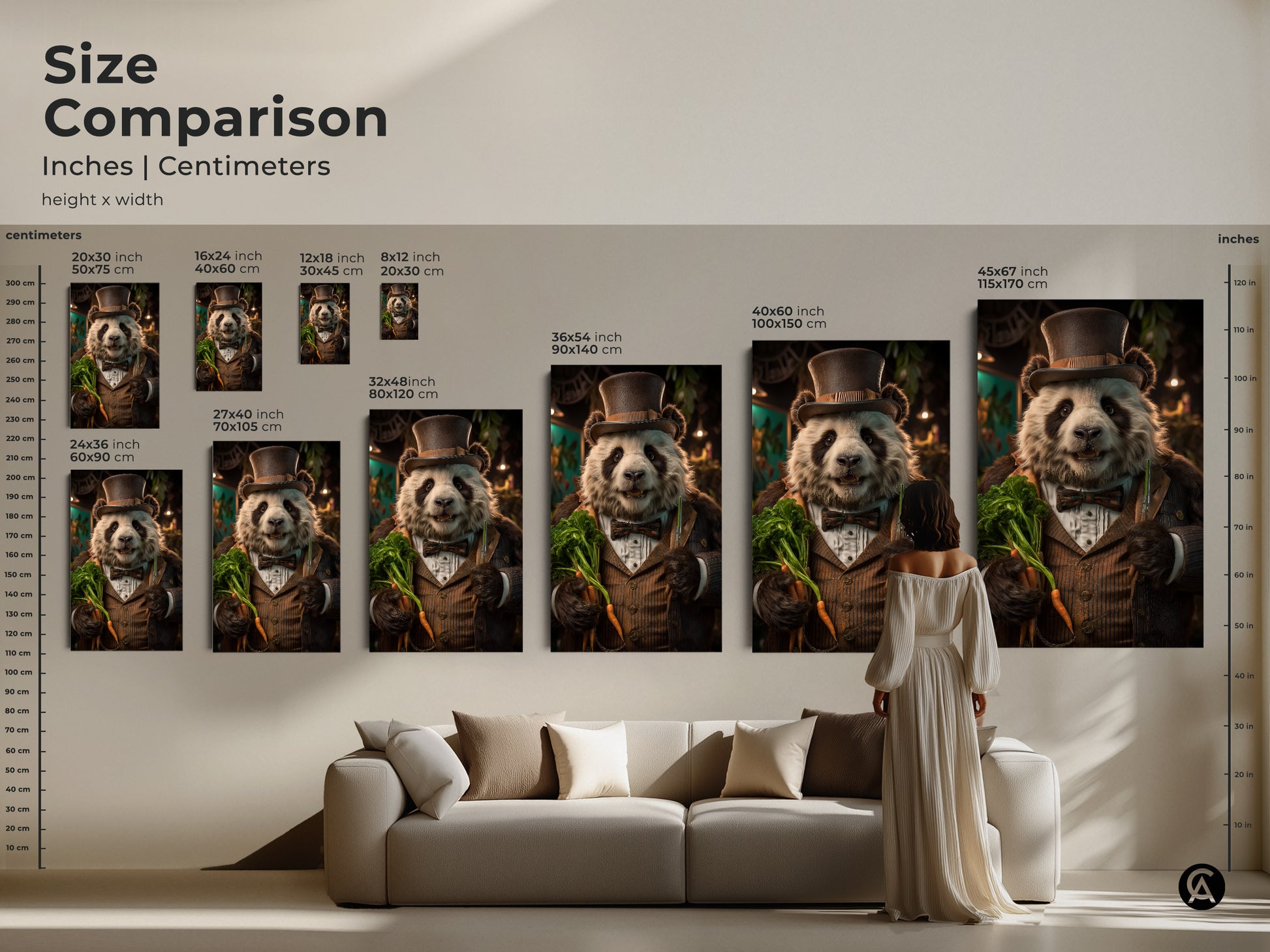 Size comparison showcases dapper panda art in inches and centimeters. Rustic wildlife art prints are displayed above a modern sofa. The top hat bear artwork comes in various sizes for any space.