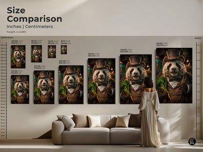 Size comparison showcases dapper panda art in inches and centimeters. Rustic wildlife art prints are displayed above a modern sofa. The top hat bear artwork comes in various sizes for any space.