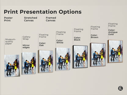 Explore print presentation options for our impressionist piano art featuring a violinist. Choose from poster print stretched canvas or framed canvas. Find the perfect match for blue green music art featuring contemporary figures. It's the ideal modern musical artwork gift.