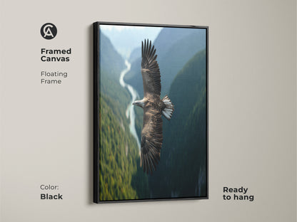 A framed canvas showcases a majestic eagle in flight over a valley. The black floating frame enhances this wildlife photography artwork. This rustic nature landscape wall art is ready to hang. Ideal as bird watcher gift or for nature-themed decor. This avian artwork brings a touch of the outdoors inside. Perfect for any room.