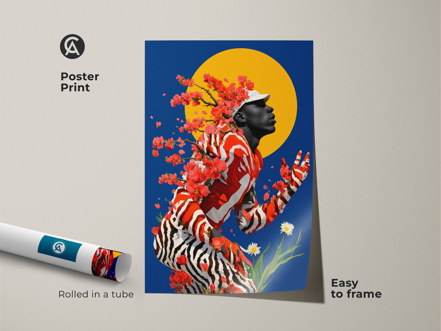 This poster print arrives rolled in a tube and is easy to frame. The abstract art features a man with cherry blossoms against a blue and yellow sun. The red zebra stripe pattern adds a unique artistic flair. It is perfect for eclectic home decor or an office abstract art gift.