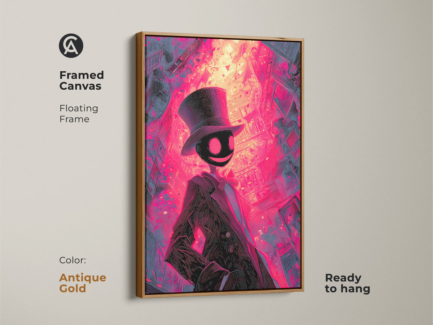 Framed artwork featuring a figure in a top hat. The background is a bright cityscape in pink and purple shades. This framed canvas is ready to hang. The antique gold floating frame adds a vintage touch.