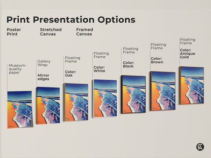 Explore print presentation options with this contemporary coastal art featuring an abstract ocean wave. Choose from poster prints stretched canvas and framed canvas. Select a style with floating frame color options. Find museum-quality paper and gallery wrap options.