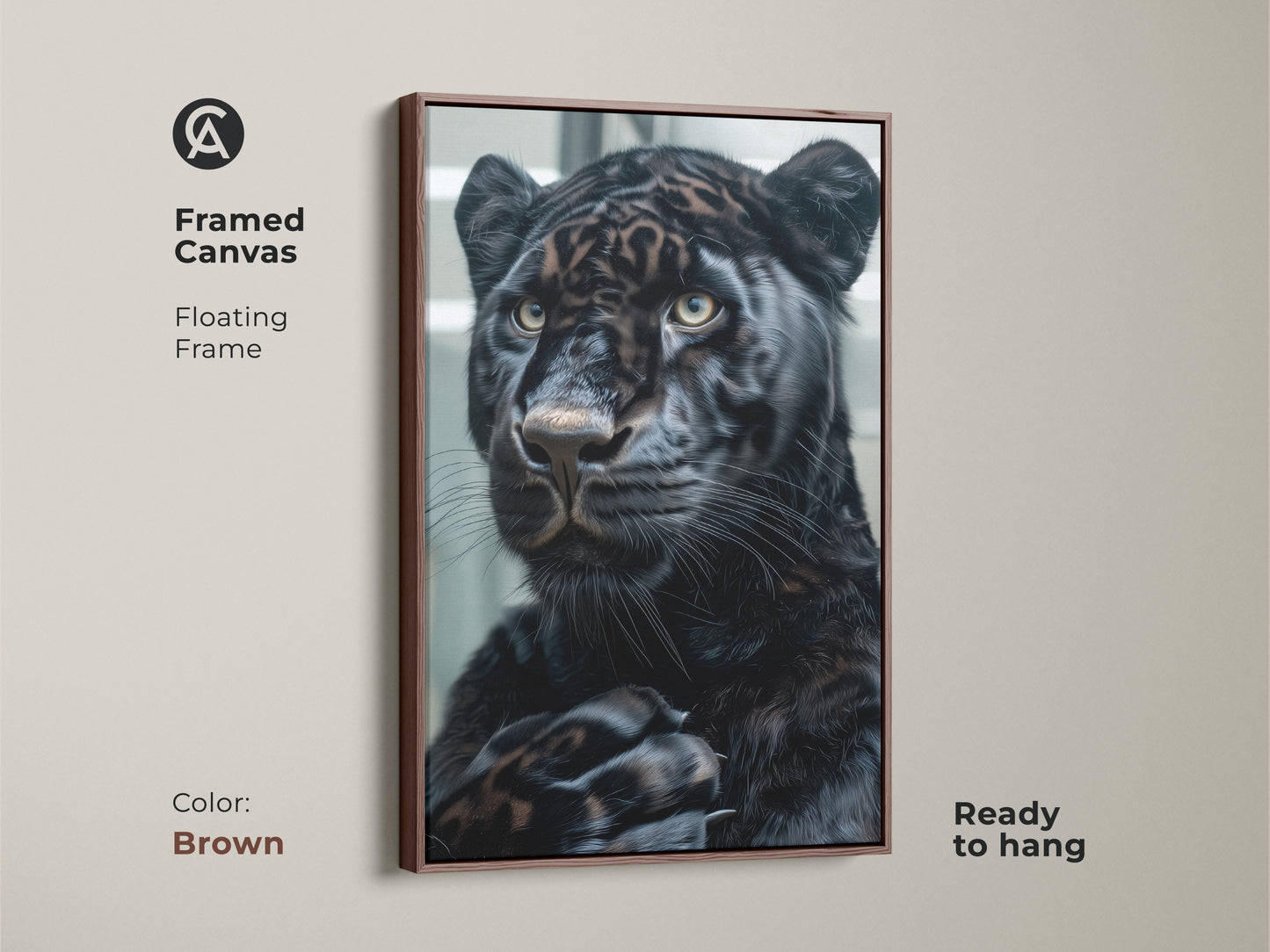 Framed canvas art of a striking black panther with a brown floating frame. The art captures the panther's intense gaze. Ready to hang this piece adds a touch of wildlife to any room. The brown frame enhances the artwork's earthy tones.