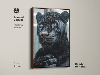 Framed canvas art of a striking black panther with a brown floating frame. The art captures the panther's intense gaze. Ready to hang this piece adds a touch of wildlife to any room. The brown frame enhances the artwork's earthy tones.