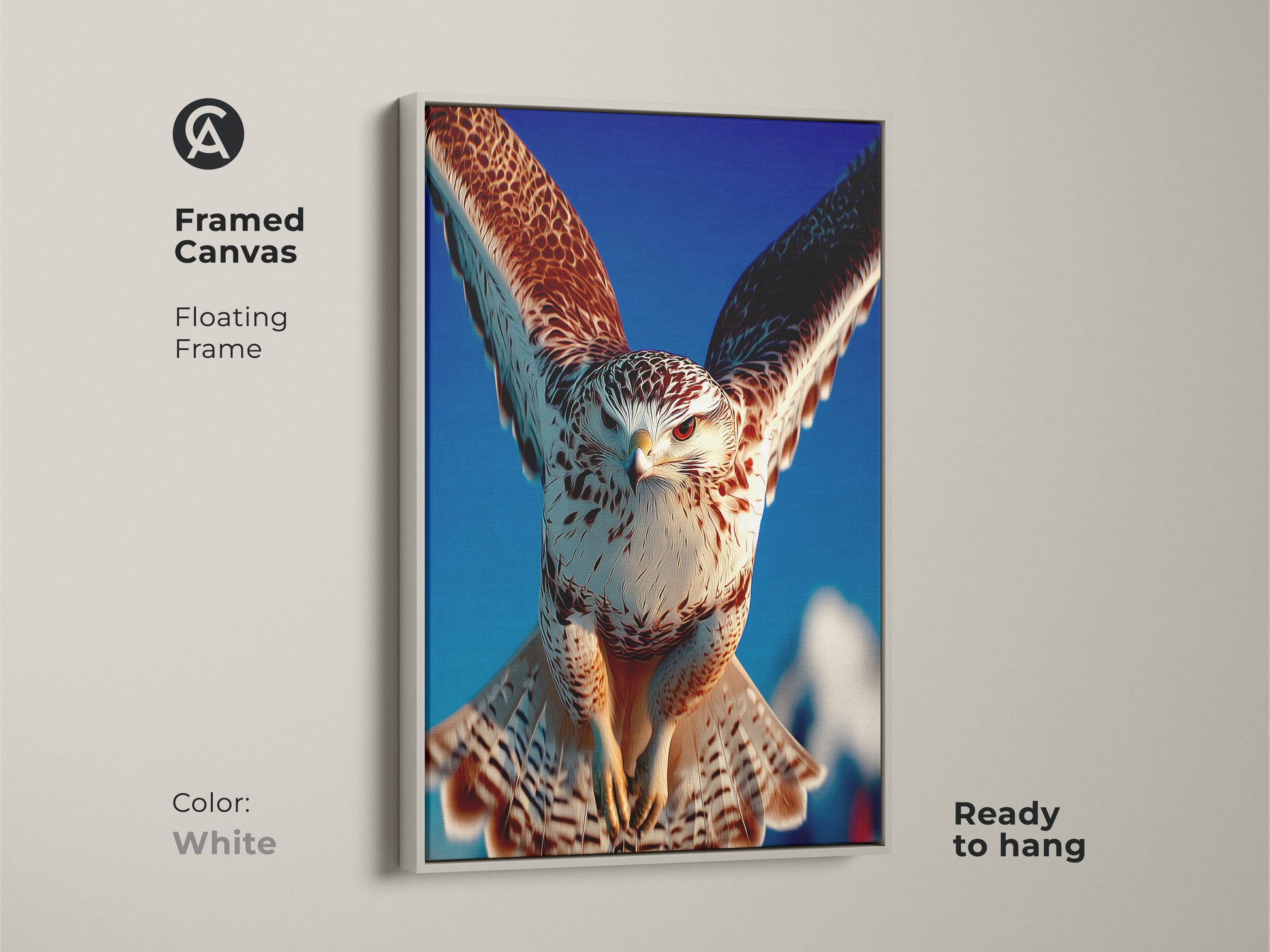 Bring a fresh touch with this white framed canvas of a bird of prey wall art. The realistic falcon painting against a blue sky enhances any space. Perfect for a study room this nature canvas makes an ideal gift for bird lovers.