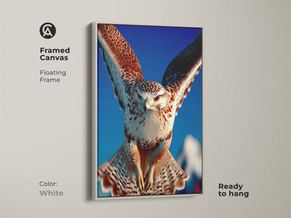 Bring a fresh touch with this white framed canvas of a bird of prey wall art. The realistic falcon painting against a blue sky enhances any space. Perfect for a study room this nature canvas makes an ideal gift for bird lovers.