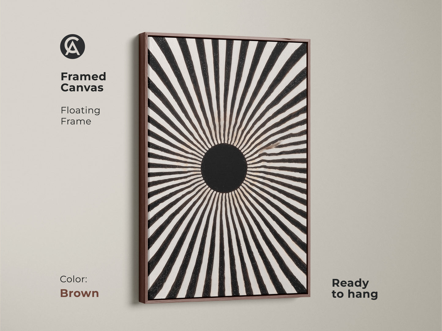 Framed canvas featuring an abstract geometric sun print. This floating frame enhances the black and white artwork. The brown frame complements the mid-century modern art piece. This monochrome sunburst print is ready to hang. It's a minimalist radial wall decor suitable for living rooms. The graphic radial art adds sophistication to any space.
