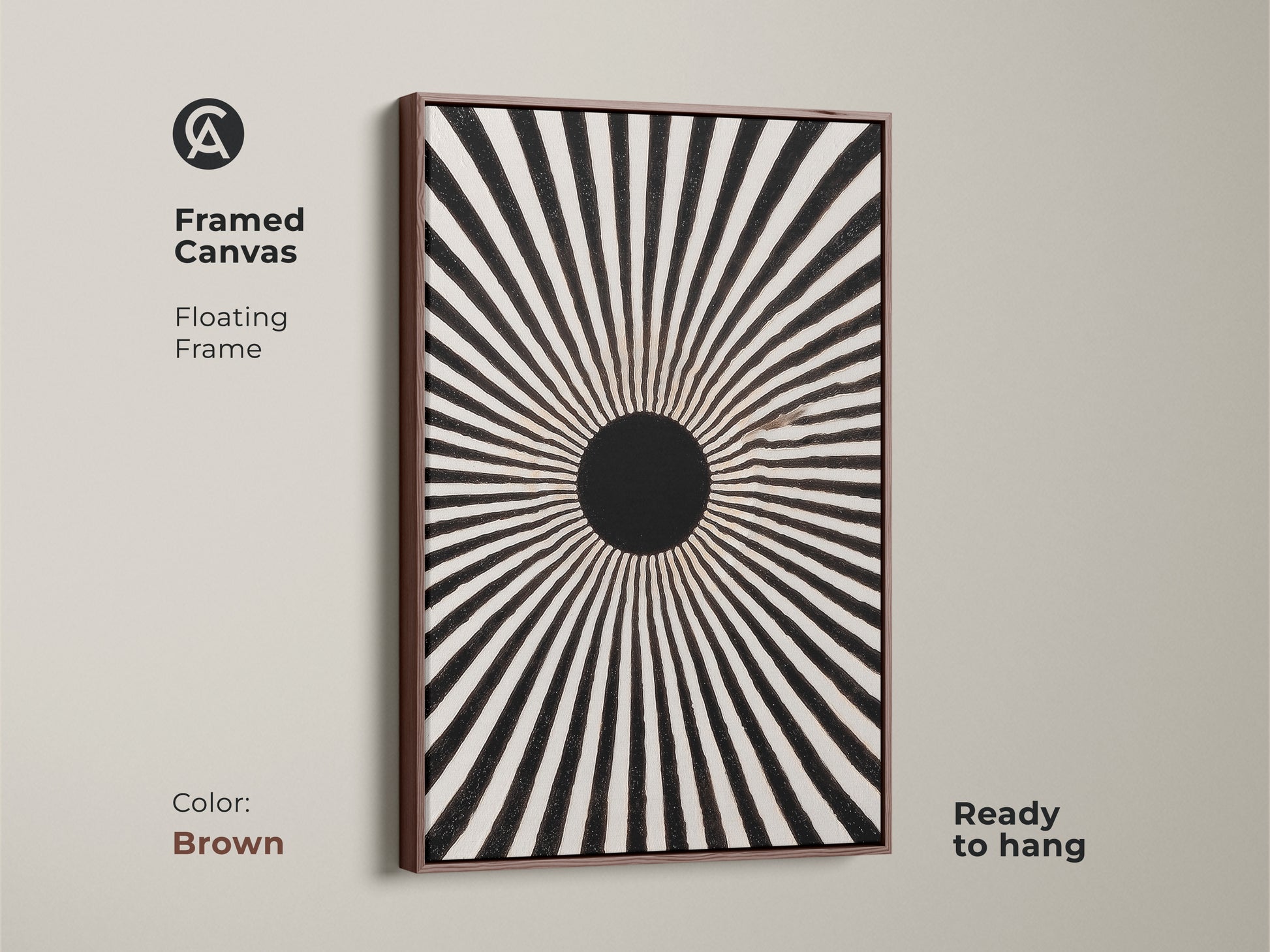 Framed canvas featuring an abstract geometric sun print. This floating frame enhances the black and white artwork. The brown frame complements the mid-century modern art piece. This monochrome sunburst print is ready to hang. It's a minimalist radial wall decor suitable for living rooms. The graphic radial art adds sophistication to any space.
