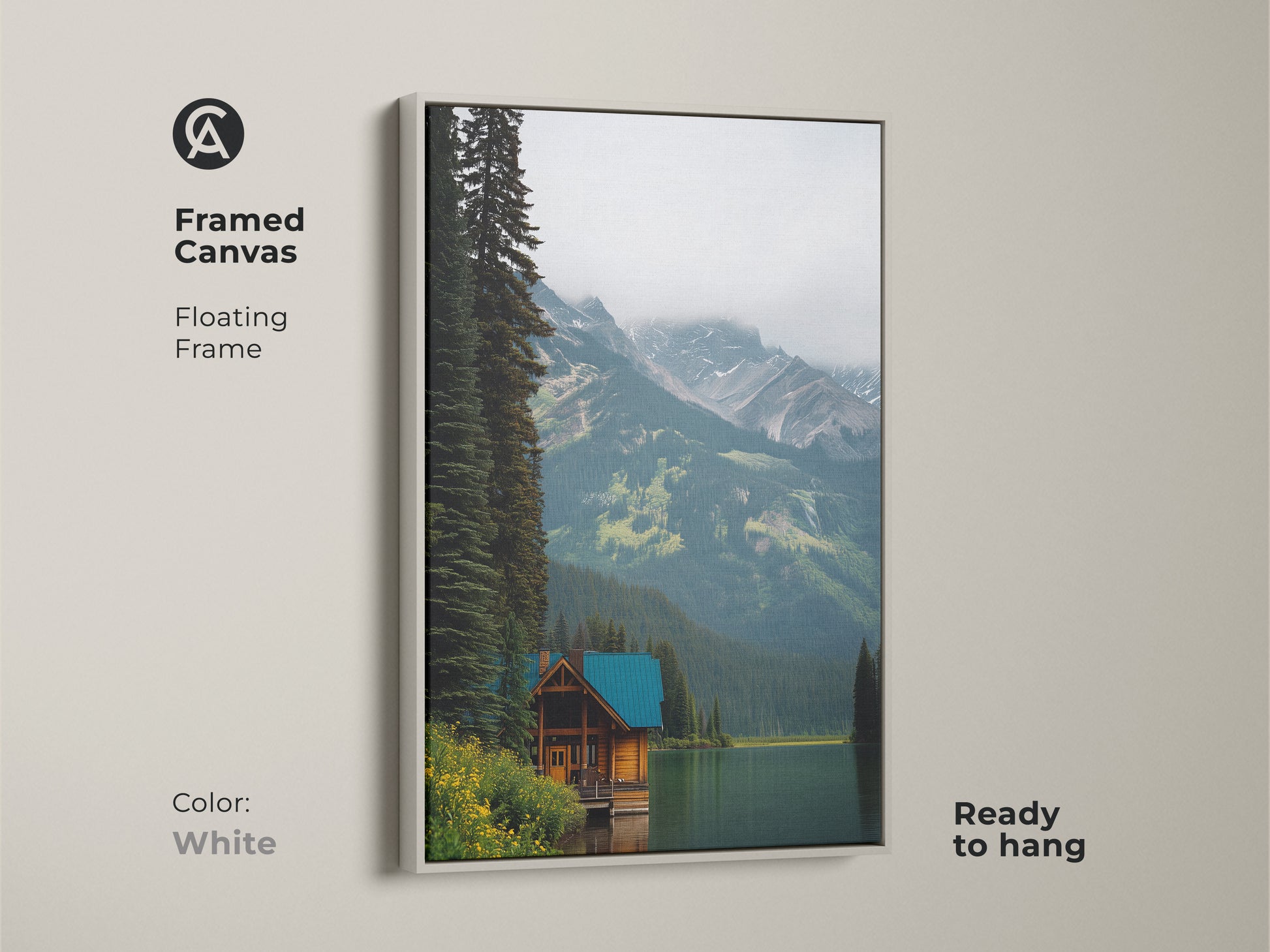 White Framed Canvas featuring Rustic Cabin. This modern farmhouse artwork showcases a stunning mountain lake. The deep blue and forest green palette evokes a sense of nature and adventure. Ready to hang.